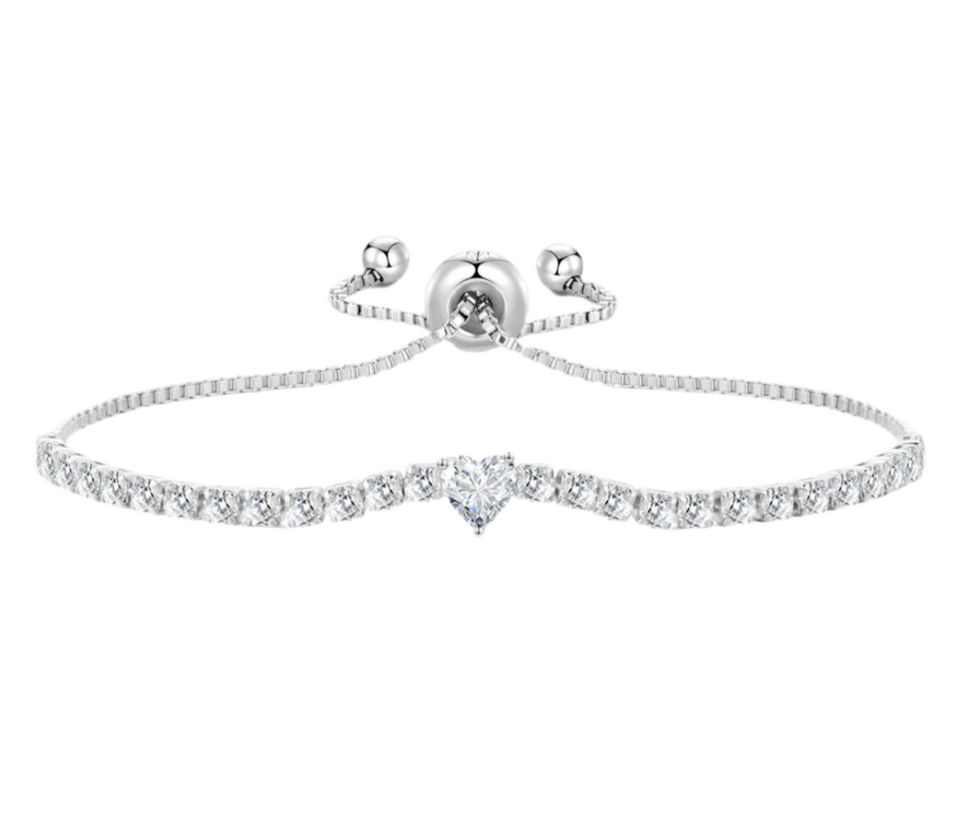 Silver Plated Adjustable Heart Solitaire Bracelet With Zirconia.
