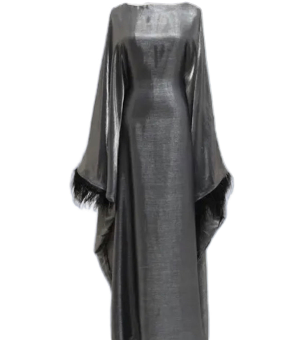 Silver bat wing abaya with inner belt and feathers.