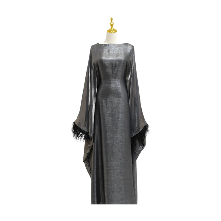 Shiny bat wing abaya with inner belt and feathers.