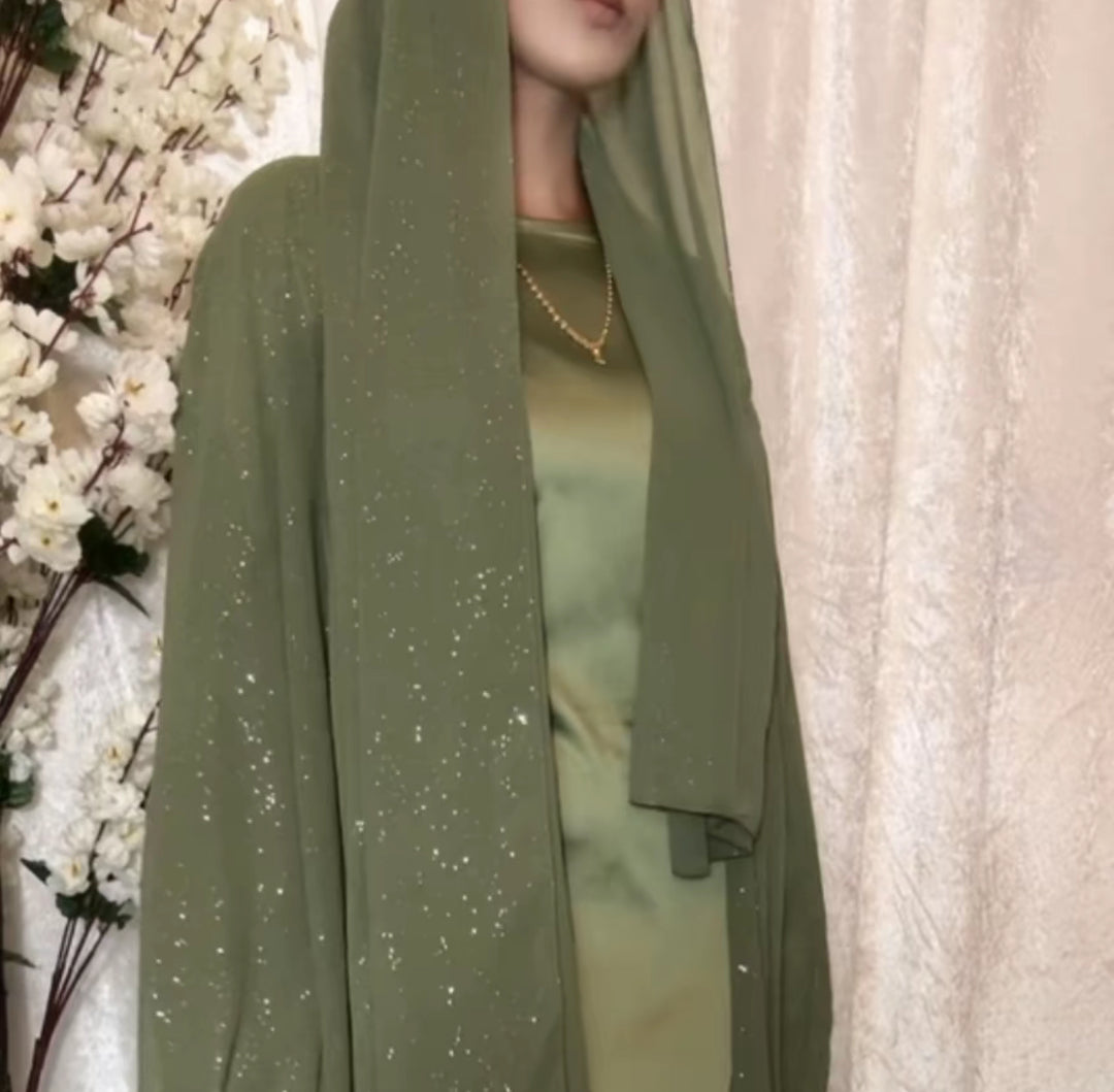 Satin slip dress with sparkly outer abaya