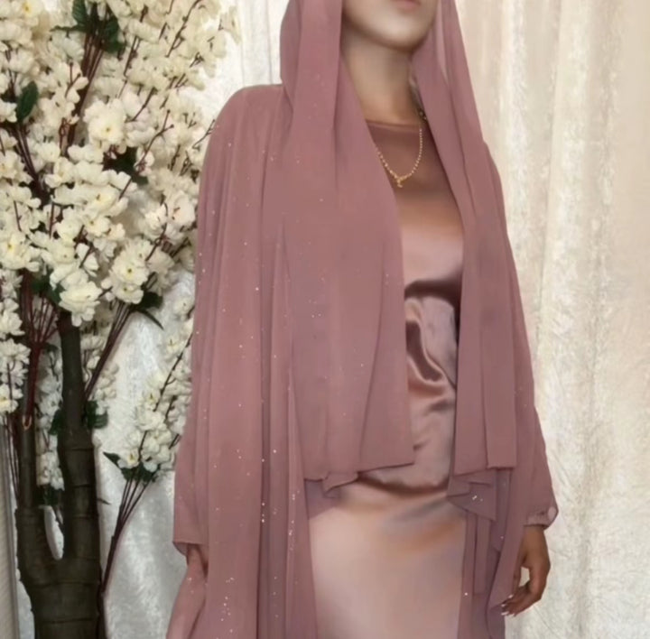 Satin slip dress with sparkly outer abaya