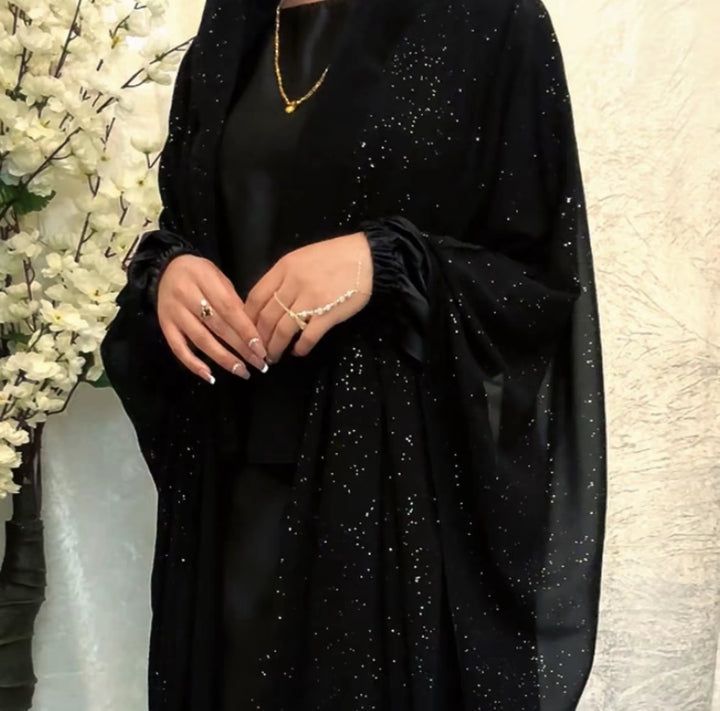 Satin slip dress with sparkly outer abaya