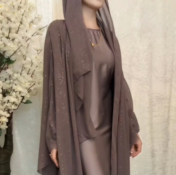 Satin slip dress with sparkly outer abaya