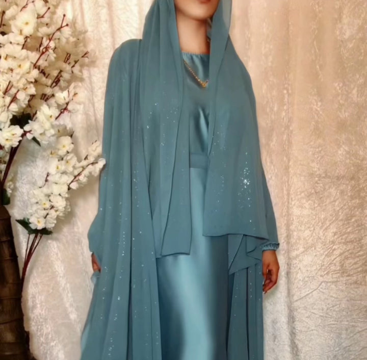 Satin slip dress with sparkly outer abaya