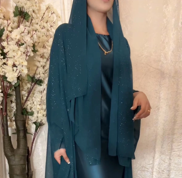 Satin slip dress with sparkly outer abaya