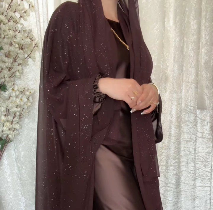 Satin slip dress with sparkly outer abaya