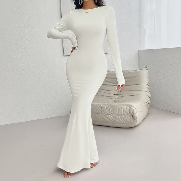 Slim Round Neck Solid Color Long Sleeve Dress